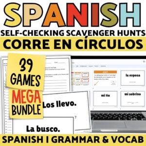 ¡Corre en Círculos! NOVICE BUNDLE Spanish Classroom Scavenger Hunt Review Game Activity