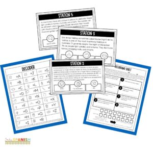 Image shows three short readings on the Immaculate Conception, as well as a decoder clue sheet and student answer sheet. All are printed pdf worksheet pages.