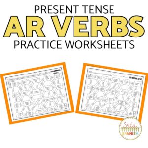 image shows 2 pages to review present tense of ar verbs worksheet