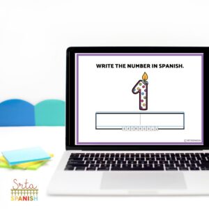 Image shows a Boom Card set with the instructions "Write the number in Spanish" with the image of a number one birthday candle.