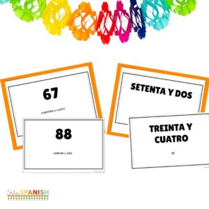Image shows a Spanish numbers review game with the numerals 67, 88, setenta y dos, treinta y cuatro