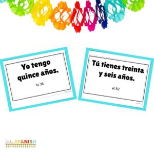 Image shows a Spanish numbers review game focusing on tener and age. The examples shown include "Yo tengo quince años." and "Tú tienes treinta y seis años."