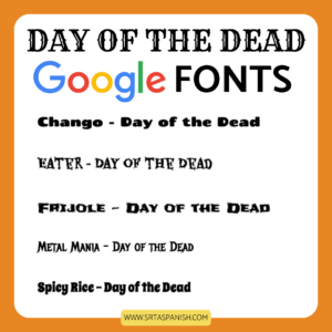 Day of the Dead Google fonts for docs, slides, and drive include:
Chango 

Eater

Frijole

Metal Mania

Spicy Rice