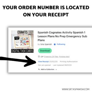 Image shows step of redeeming Boom Cards purchased on TPT - accessing order number found in receipt