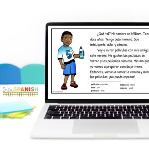 The image shows a short reading comprehension passage on a laptop for students to use with the ir a infinitive worksheets