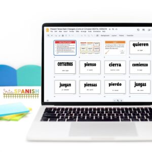 Image shows stem changing verbs Spanish review game on Google Slides for a digital option to play