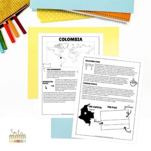 The image shows how each of the Spanish-speaking countries reading passages includes sections with the map, flag, capital, and more! The example pictured is of the Colombia reading passage.