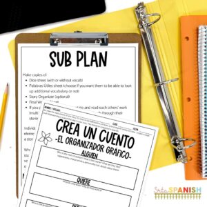 Image shows the sub plan overview as well as the graphic organizer to support students with their creative writing stories in Spanish