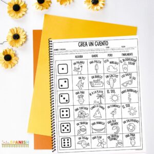 Help students with creatively writing stories in Spanish with a roll a story sheet!
