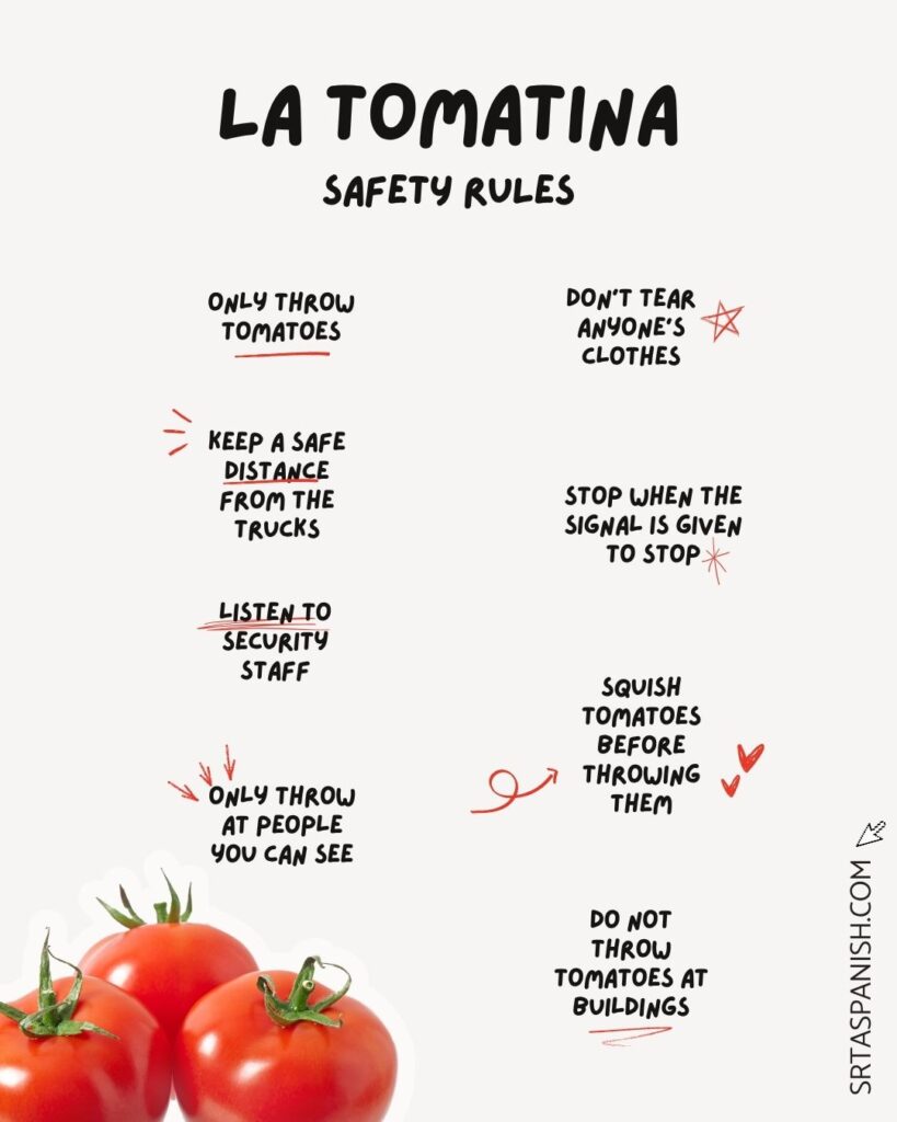 The image lists safety rules during la tomatina including:
only throw tomatoes
don't tear anyone's clothes
keep a safe distance away from the trucks supplying the tomatoes
stop when the signal is given
listen to security staff
squish tomatoes before throwing them
only throw at people you can see
do not throw tomatoes at buildings