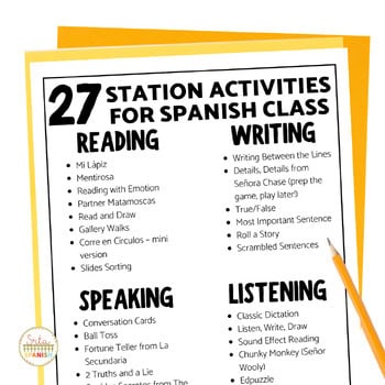 27 Station Activities for Spanish Class Cheat Sheet for Lesson Planning