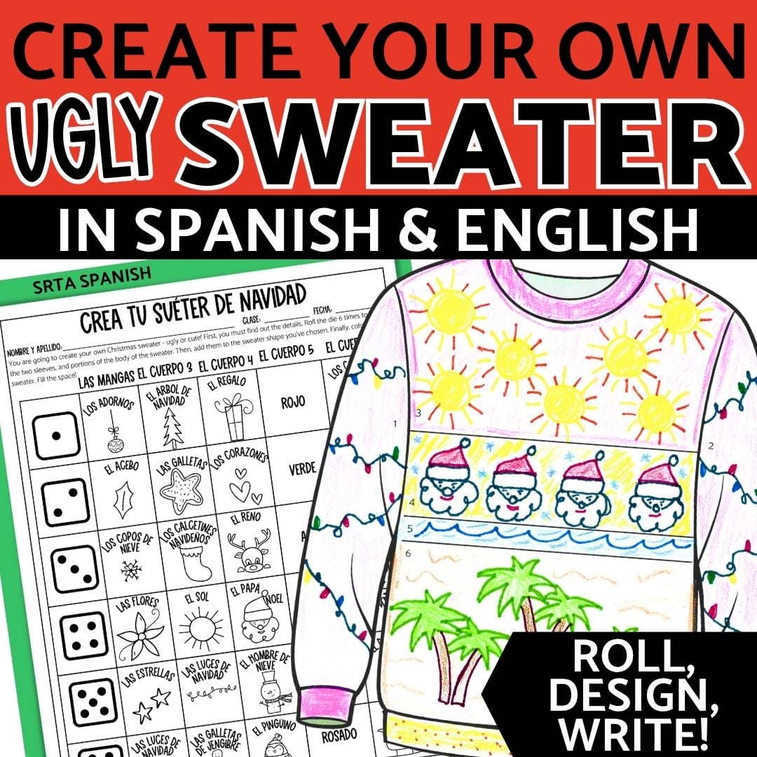 Feliz Navidad Spanish Ugly Christmas Sweater Template Coloring Clase de Español