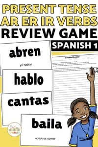 Image shows AR ER IR Verbs Spanish Review Game cards and answer sheet