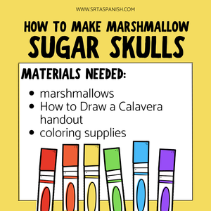 Image shows Marshmallow Sugar Skull Day of the Dead Craft Materials needed: marshmallows, handout, coloring supplies