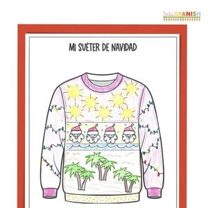 Image shows a completed example for the ugly Christmas sweater drawing game