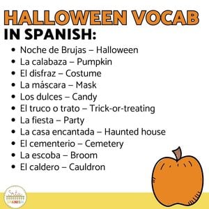 image contains a list of Halloween vocabulary in Spanish