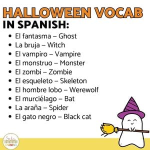 image contains a list of Halloween vocabulary in Spanish